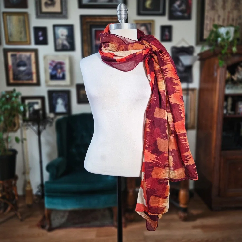 Abstract Print Scarf Large Orange Burgundy Sheer Lightweight Wrap Shawl 78x46